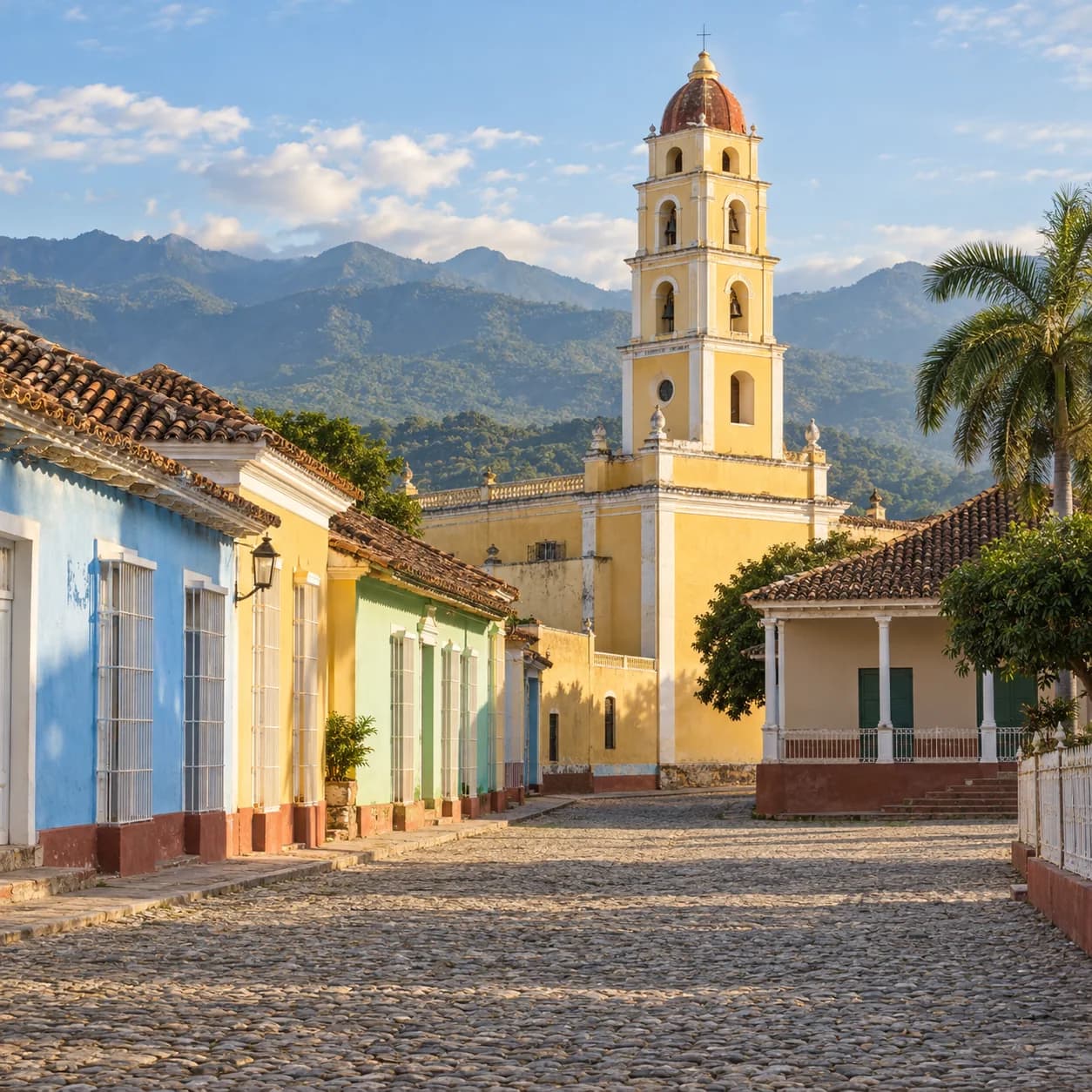Realistic source: Cuba coloring page: colonial street and bell tower