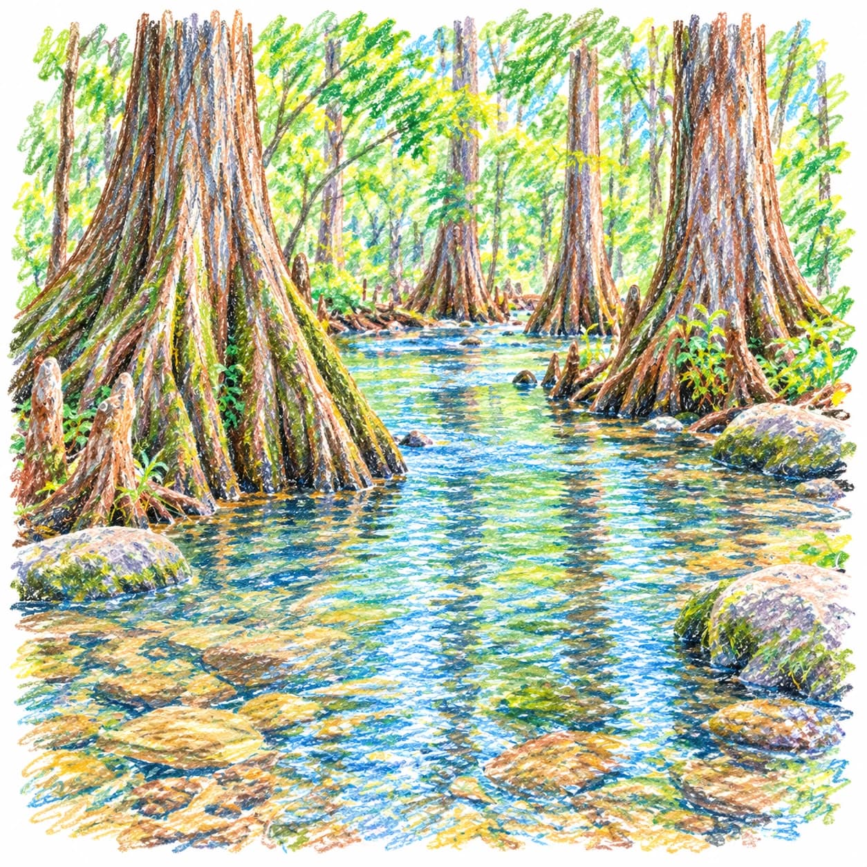 Modèle colorié: Coloriage d'un marais de cyprès : ruisseau limpide