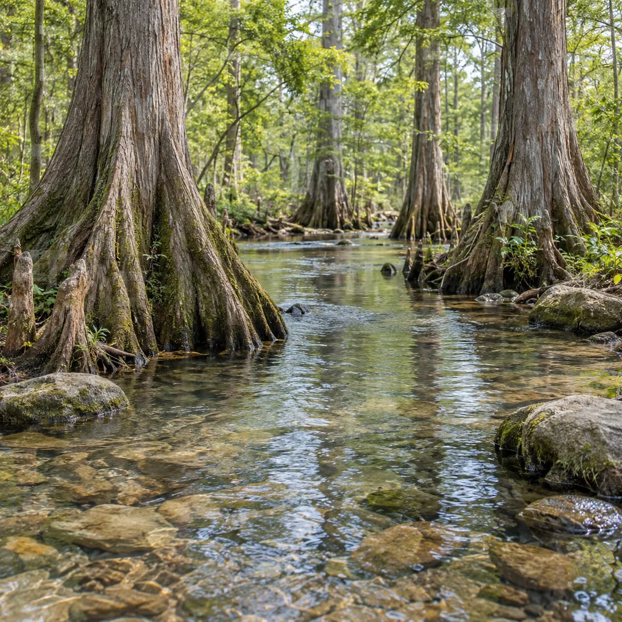 Photo réaliste: Coloriage d'un marais de cyprès : ruisseau limpide
