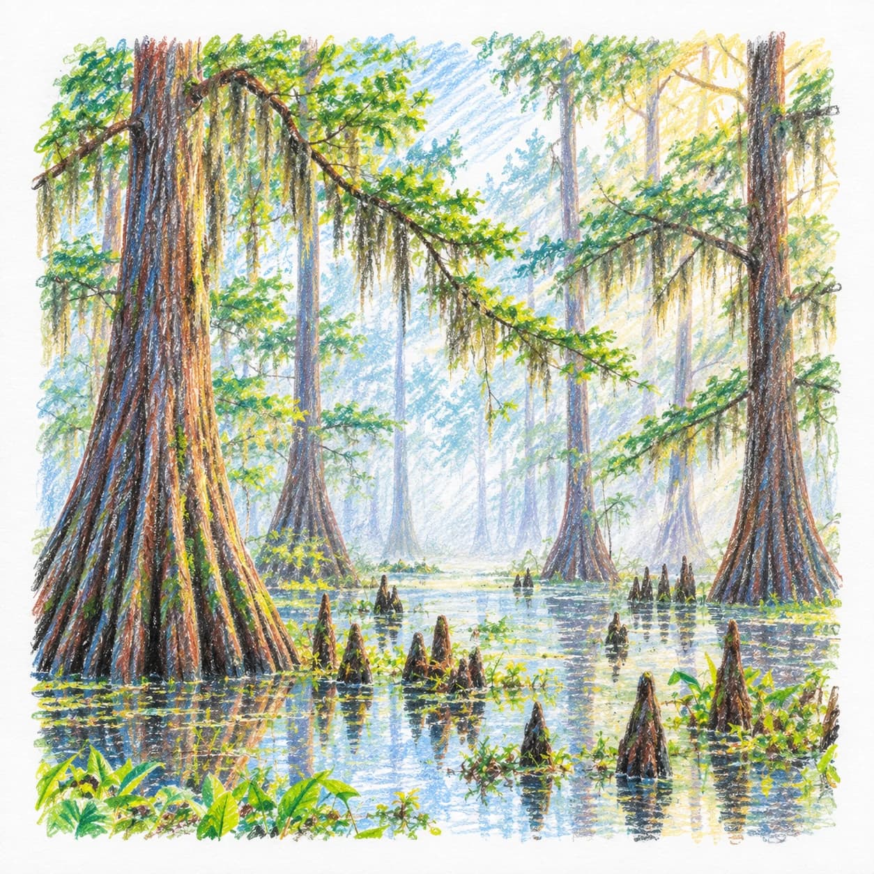 Modèle colorié: Coloriage d'un marais de cyprès : canopée brumeuse