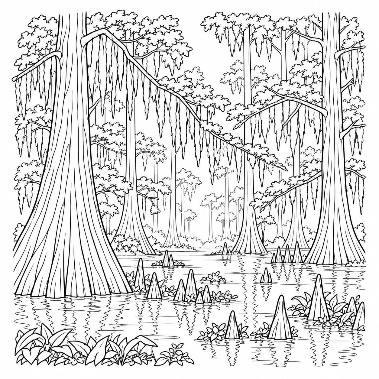Coloriage: Coloriage d'un marais de cyprès : canopée brumeuse