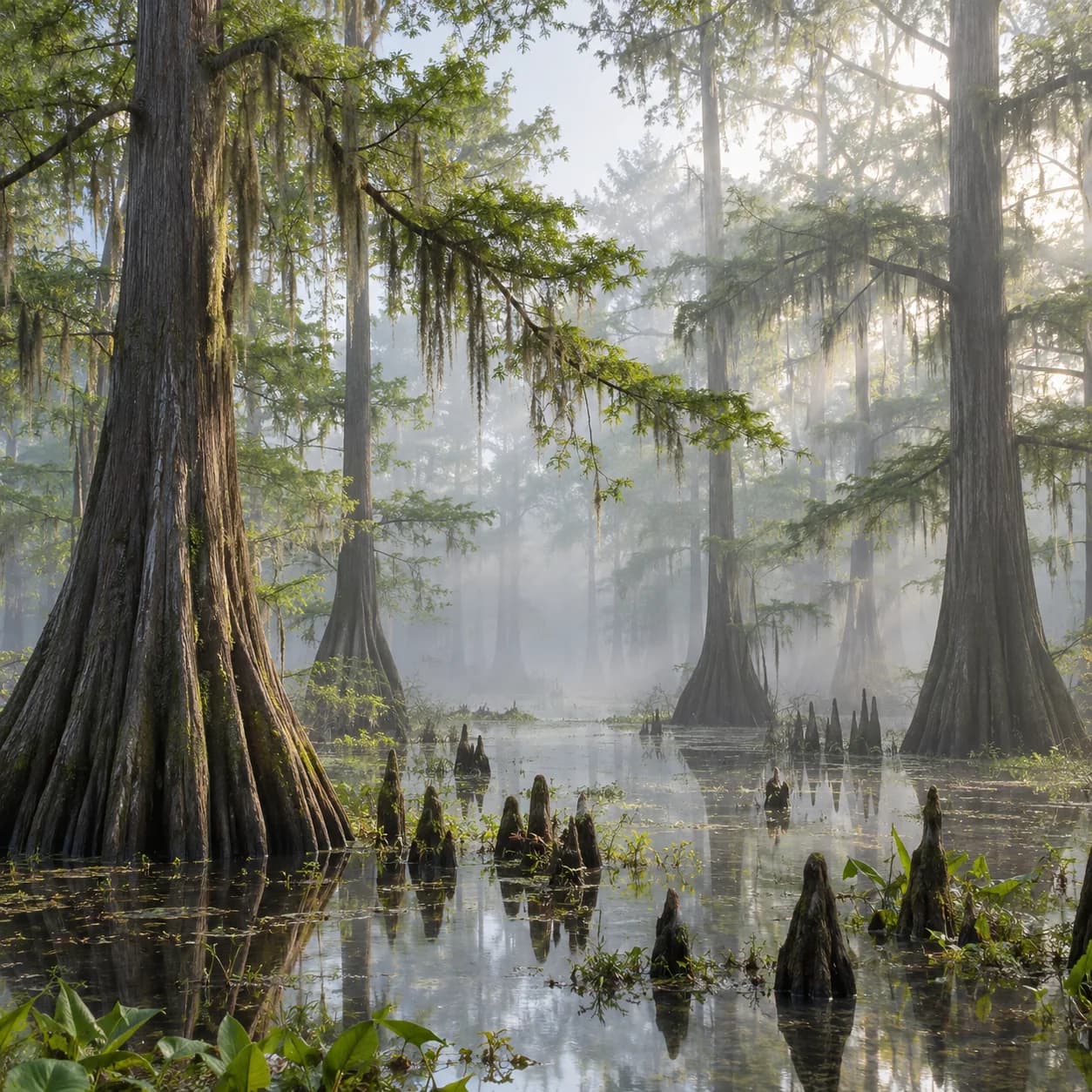 Realistic source: Cypress swamp misty canopy coloring page