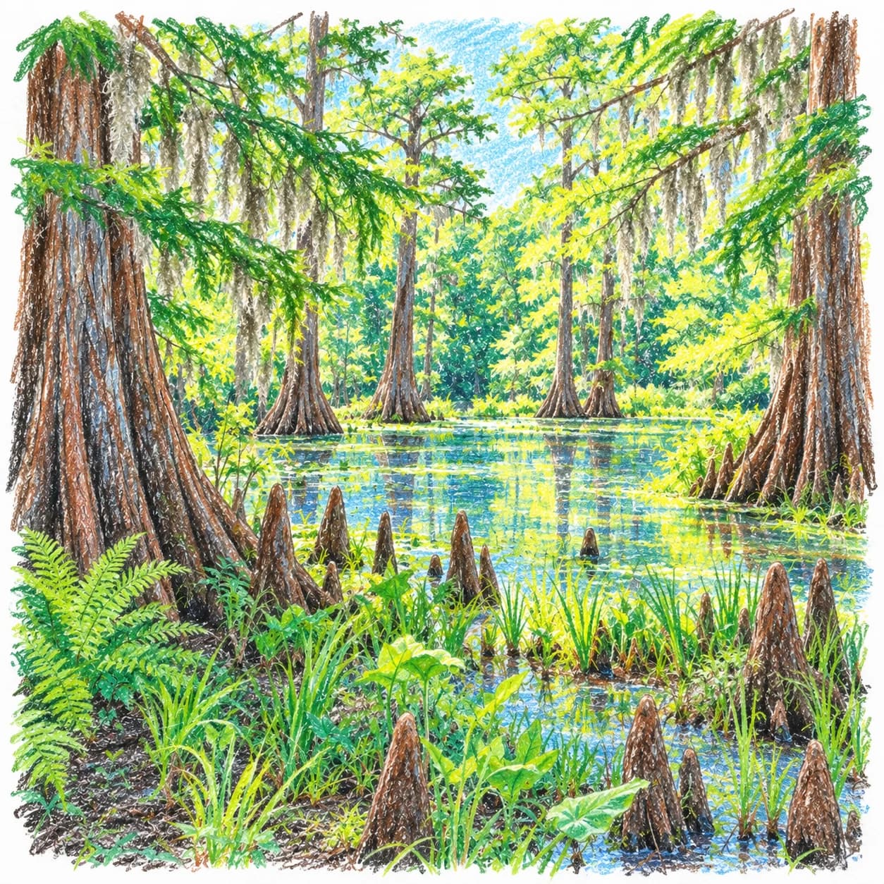 Colored model: Cypress swamp sunlit clearing coloring page
