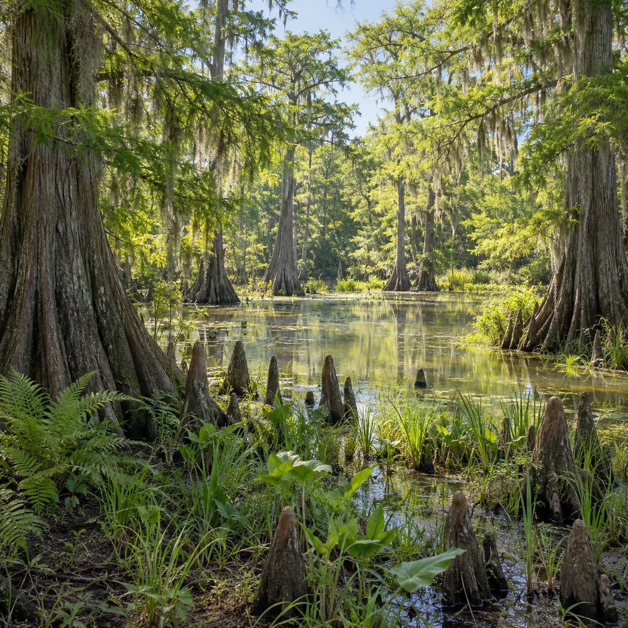Realistic source: Cypress swamp sunlit clearing coloring page