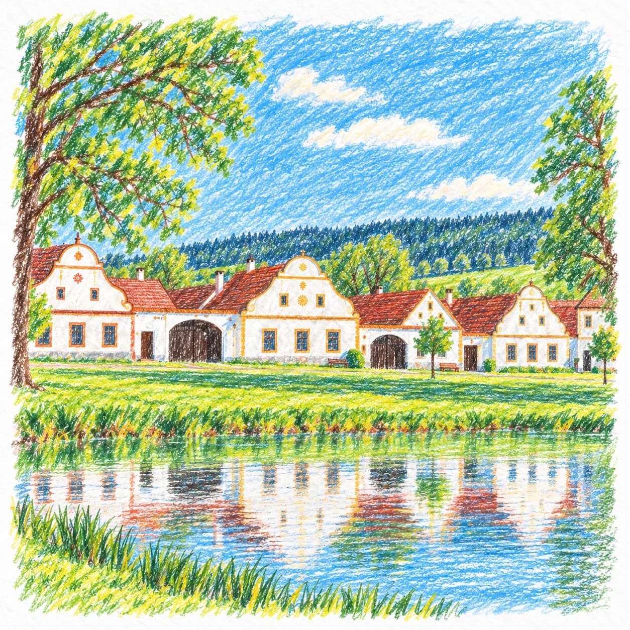 Colored model: Czechia coloring page: village houses by a pond