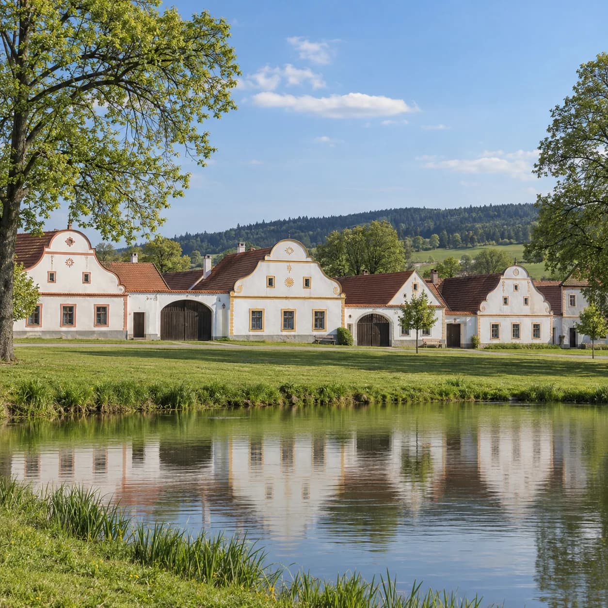 Realistic source: Czechia coloring page: village houses by a pond