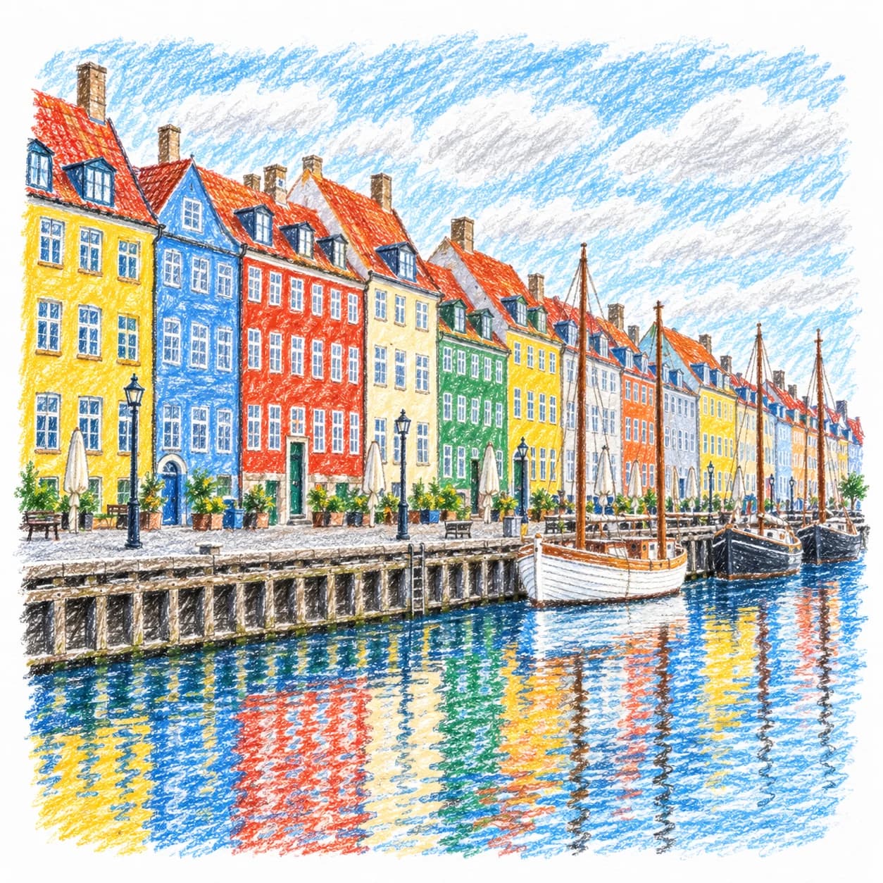 Modèle colorié: Coloriage du Danemark : maisons colorées sur le port