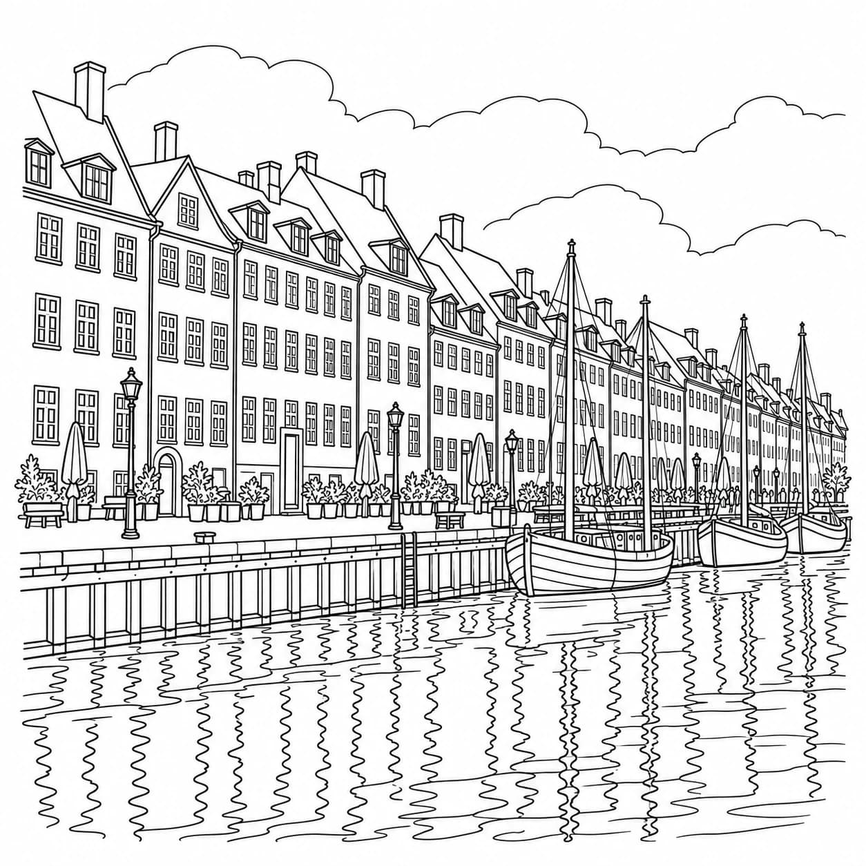 Coloriage: Coloriage du Danemark : maisons colorées sur le port