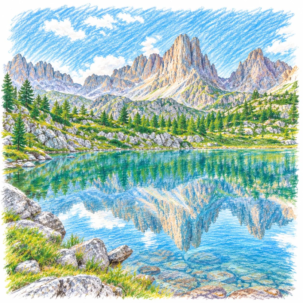 Modèle colorié: Coloriage des Dolomites : lac glaciaire
