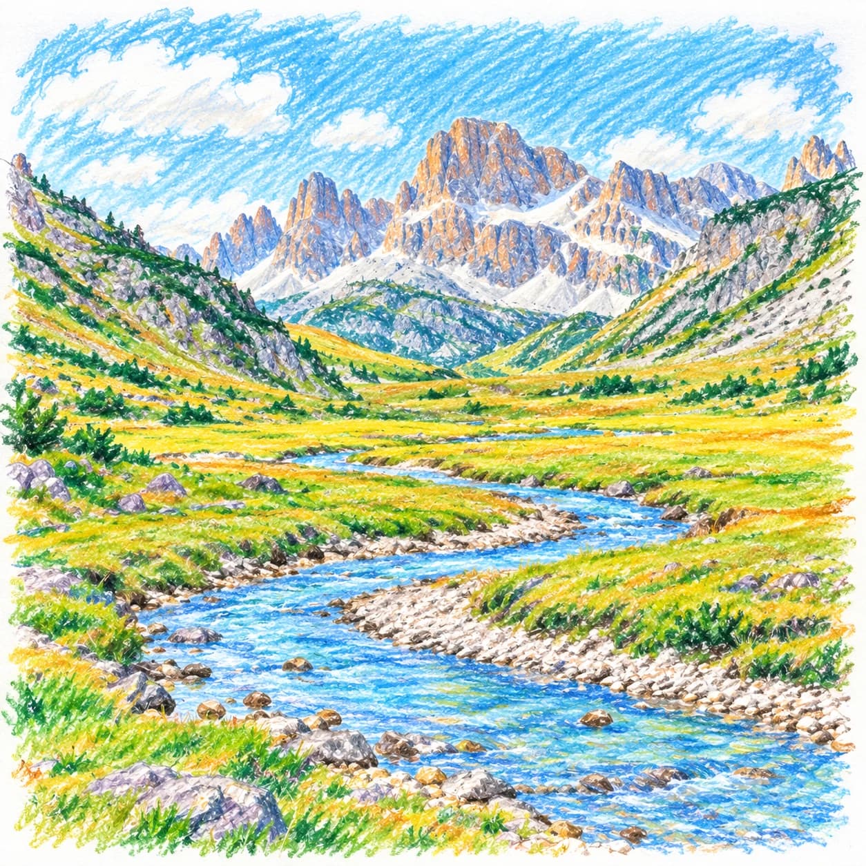 Modèle colorié: Coloriage des Dolomites : haute vallée