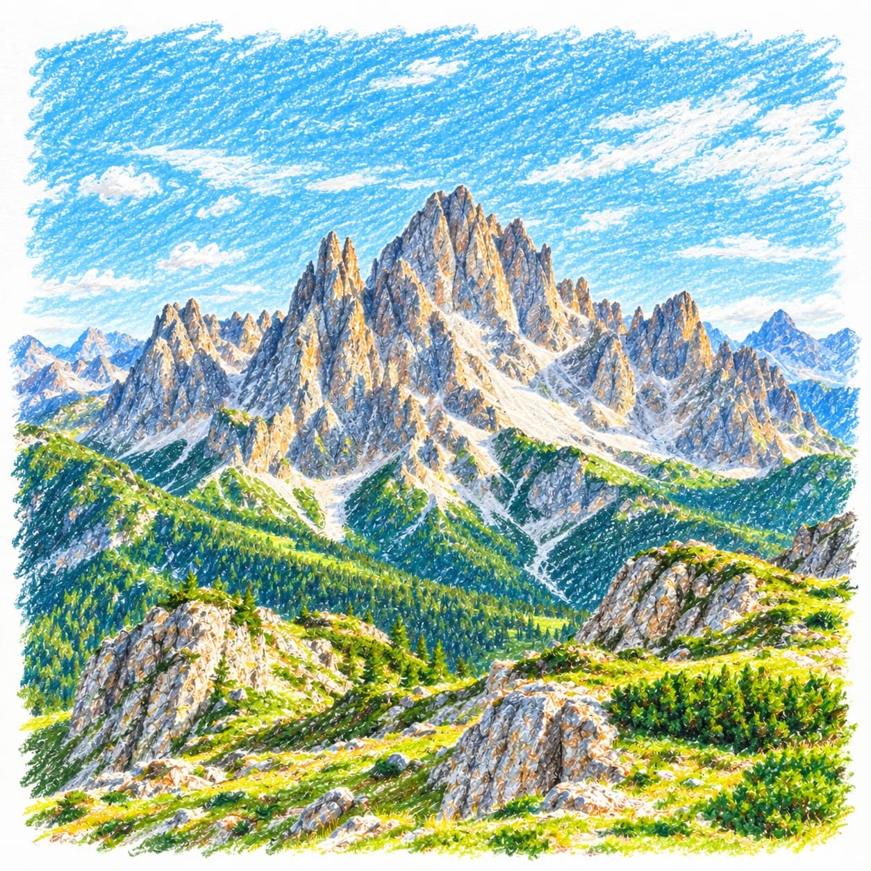 Modèle colorié: Coloriage des Dolomites : sommets dentelés