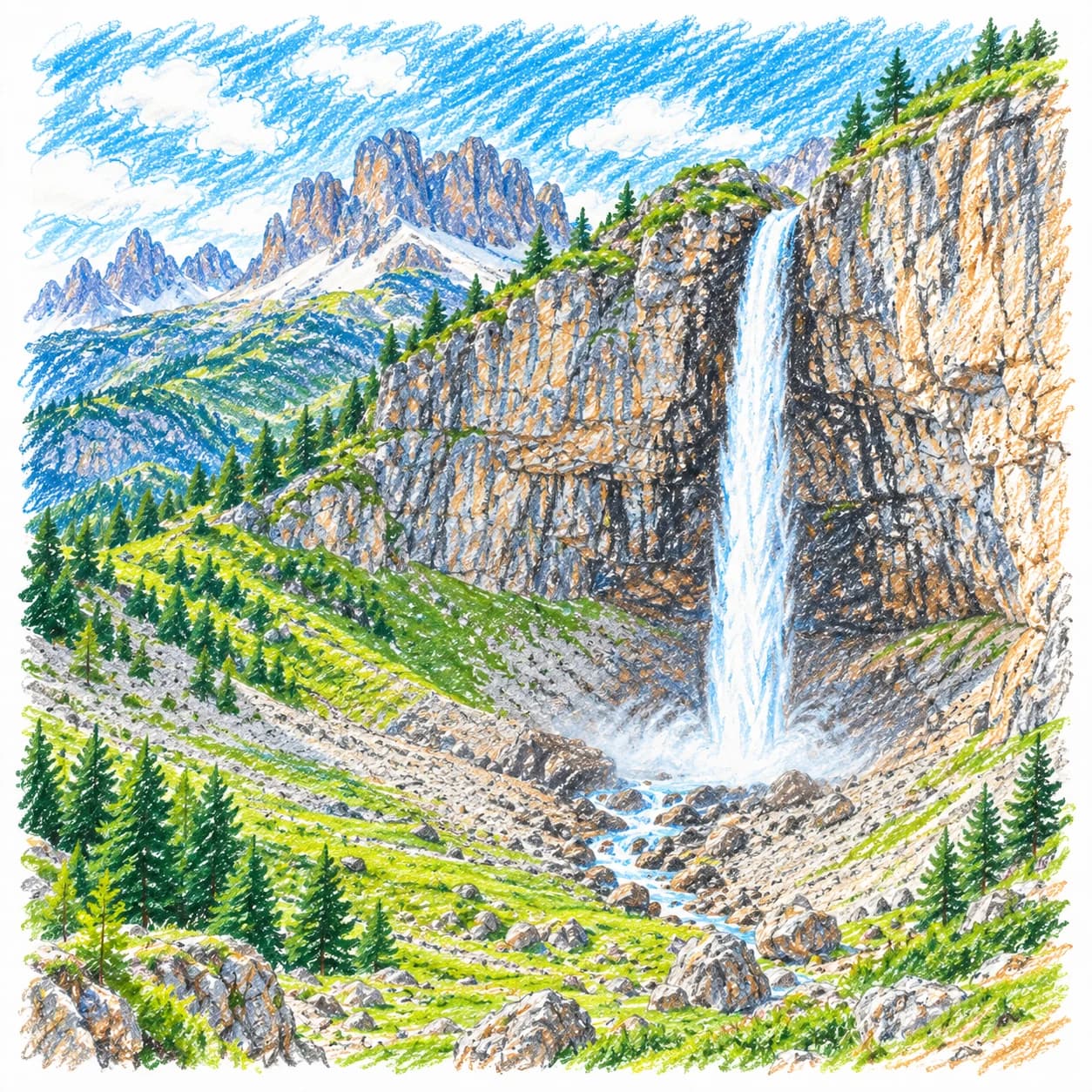 Modelo coloreado: Dibujo de los Dolomitas para colorear: cascada