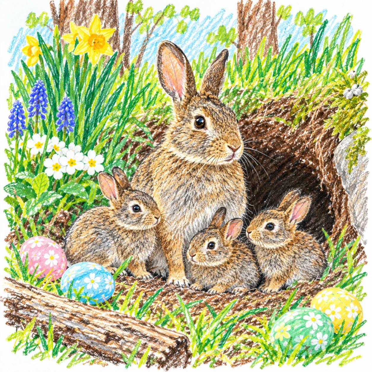 Modèle colorié: Coloriage de famille de lapins de Pâques