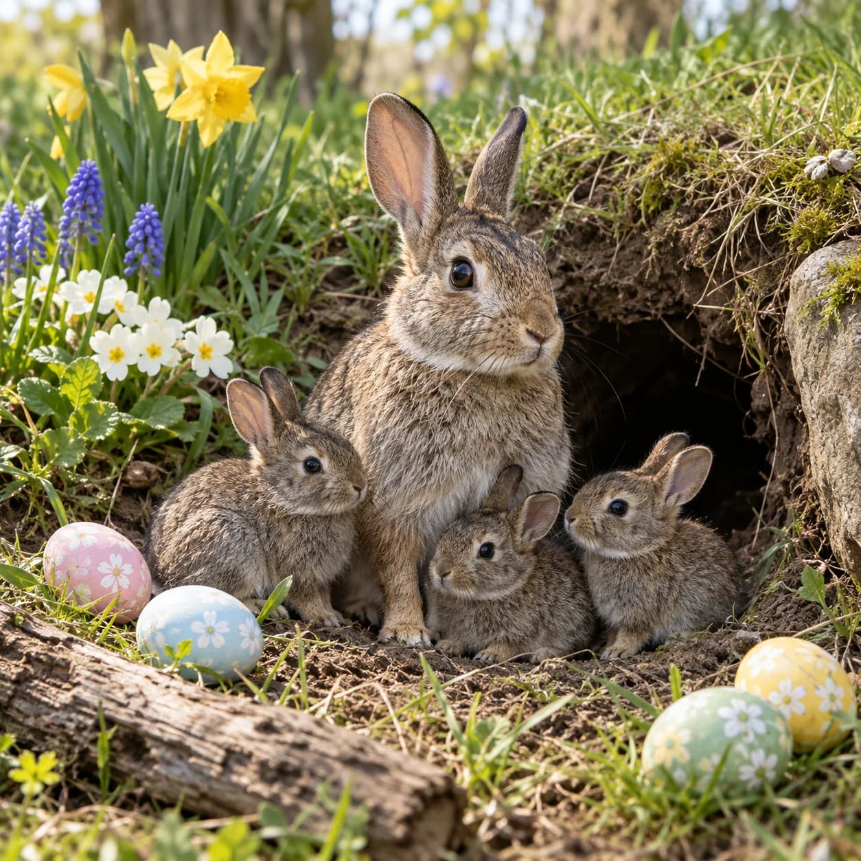 Photo réaliste: Coloriage de famille de lapins de Pâques