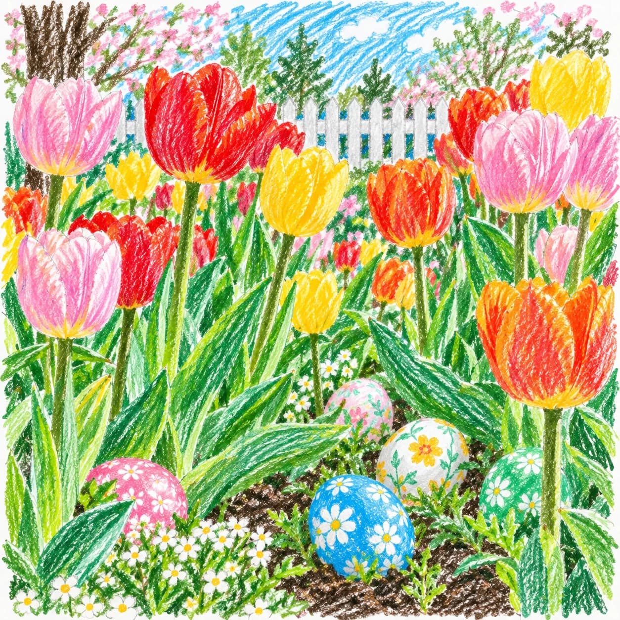 Modèle colorié: Coloriage de champ de tulipes de Pâques