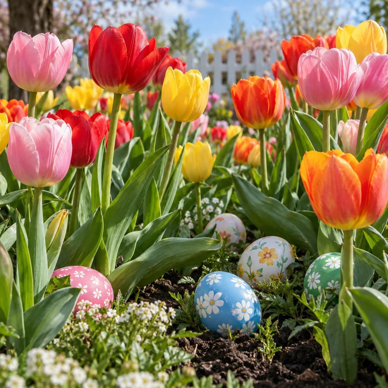Photo réaliste: Coloriage de champ de tulipes de Pâques