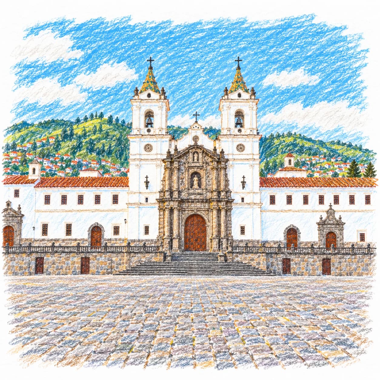 Modèle colorié: Coloriage de l'Équateur : église coloniale et sa place