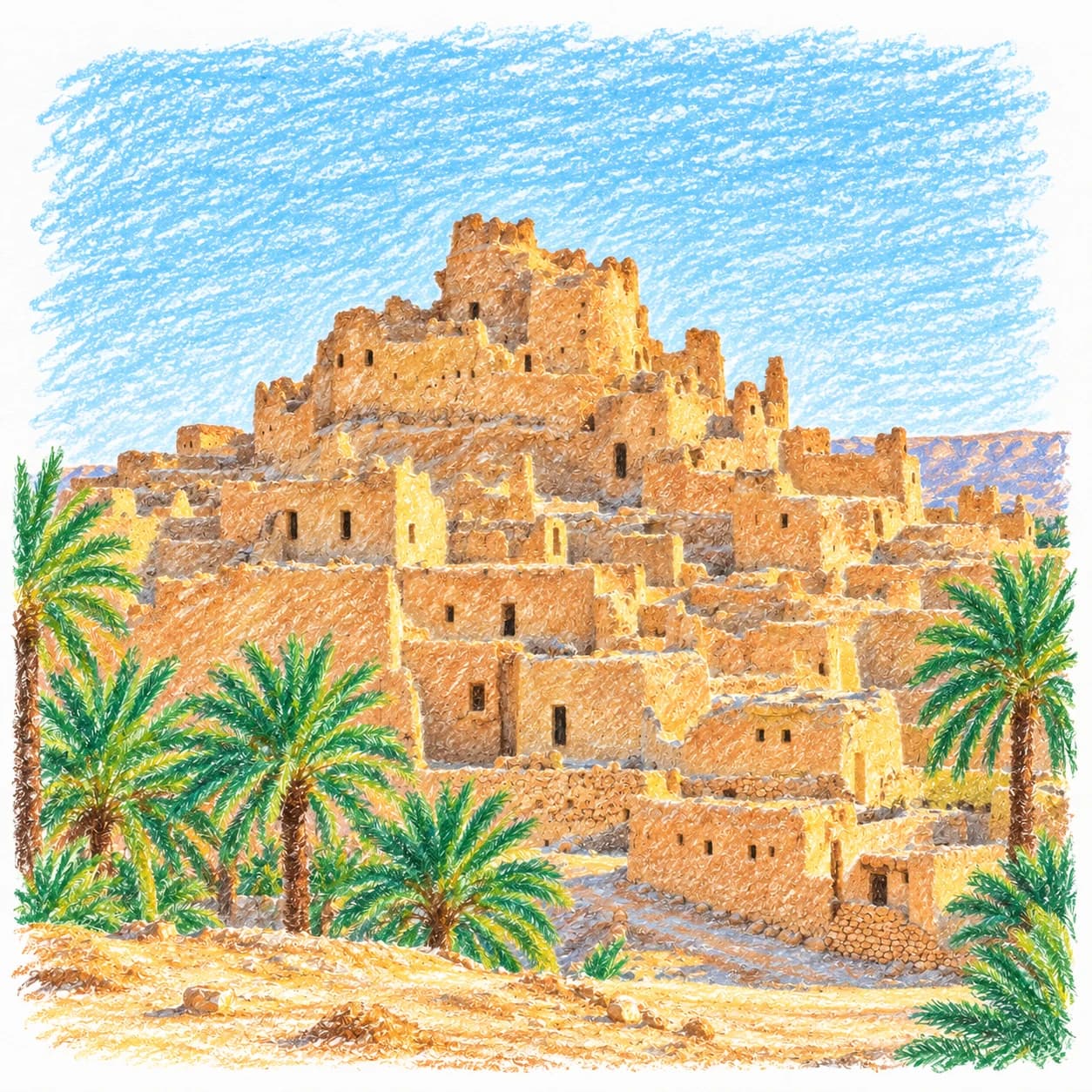 Colored model: Egypt coloring page: mud-brick town among palms