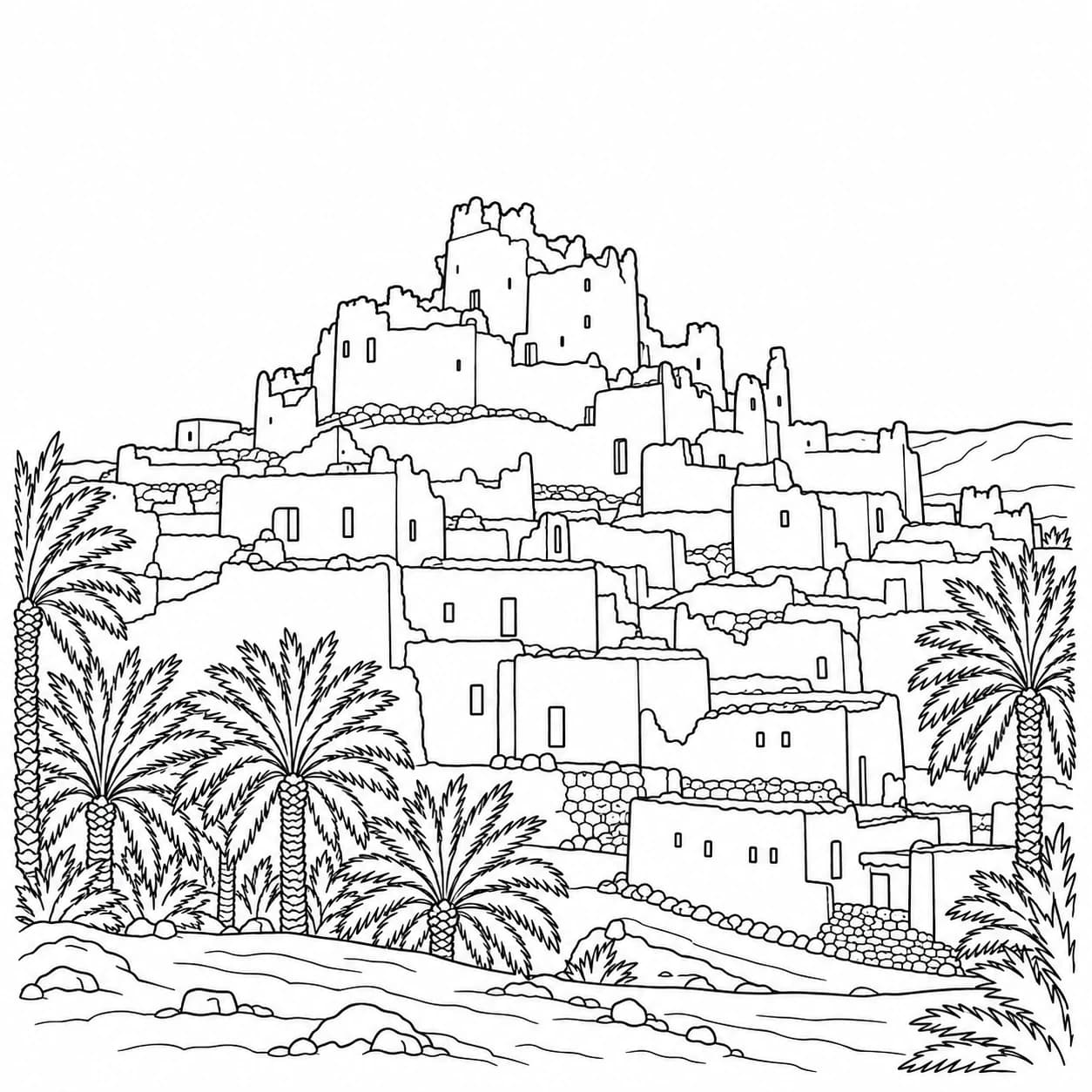 Coloriage: Coloriage de l'Égypte : ville en terre crue et palmiers