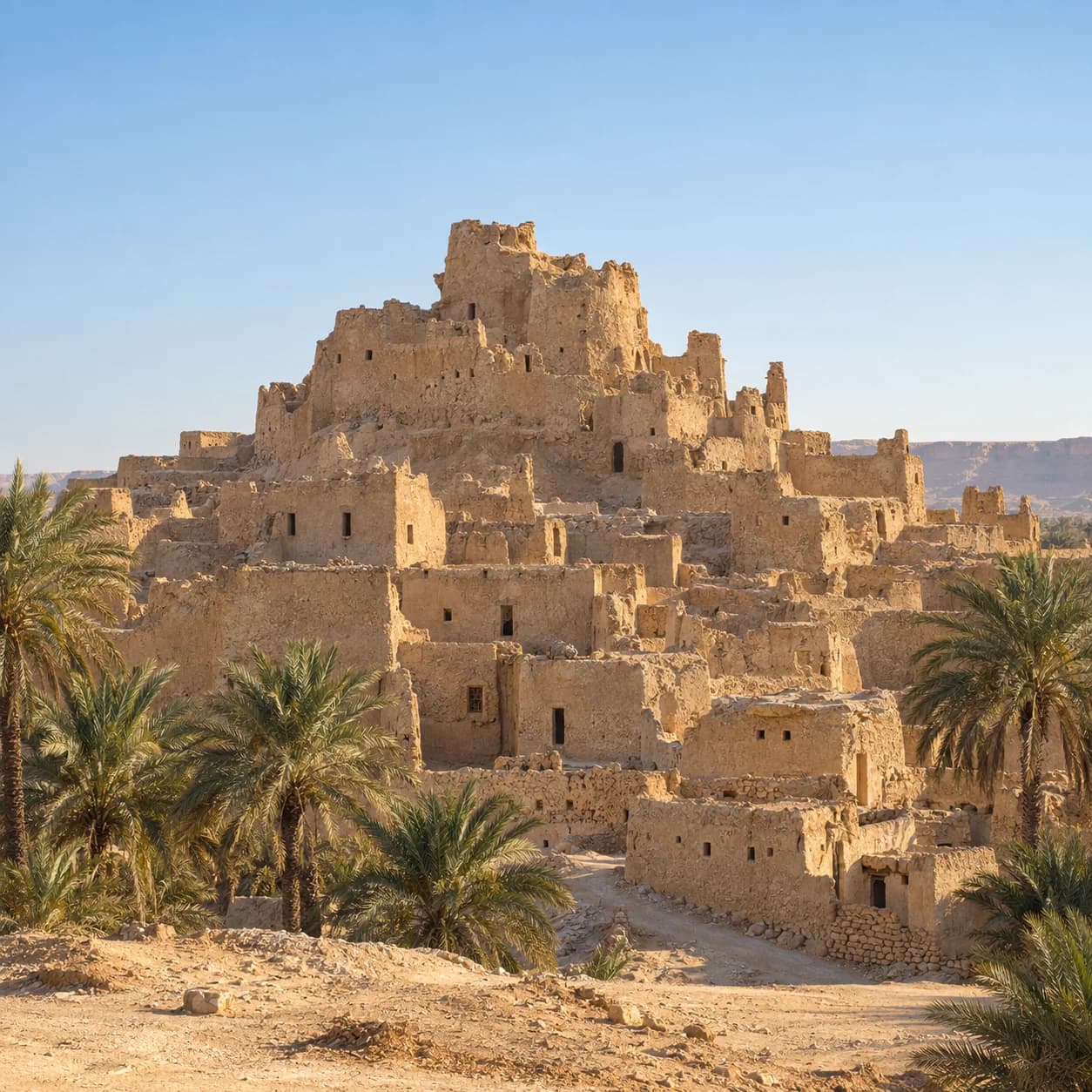 Photo réaliste: Coloriage de l'Égypte : ville en terre crue et palmiers