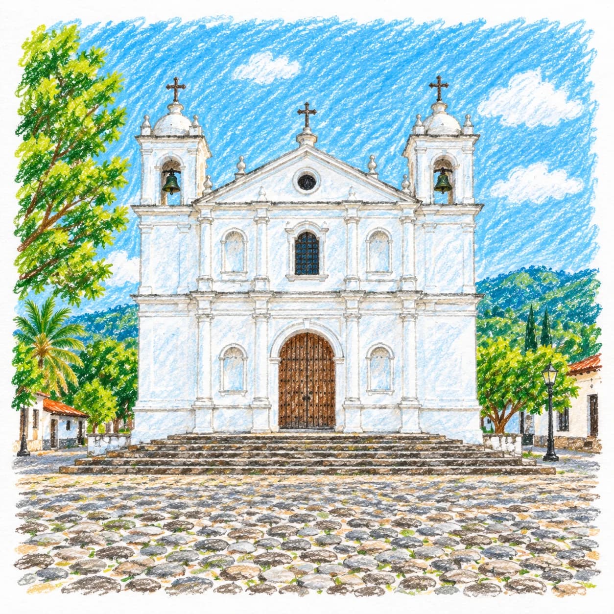 Colored model: El Salvador coloring page: white colonial church