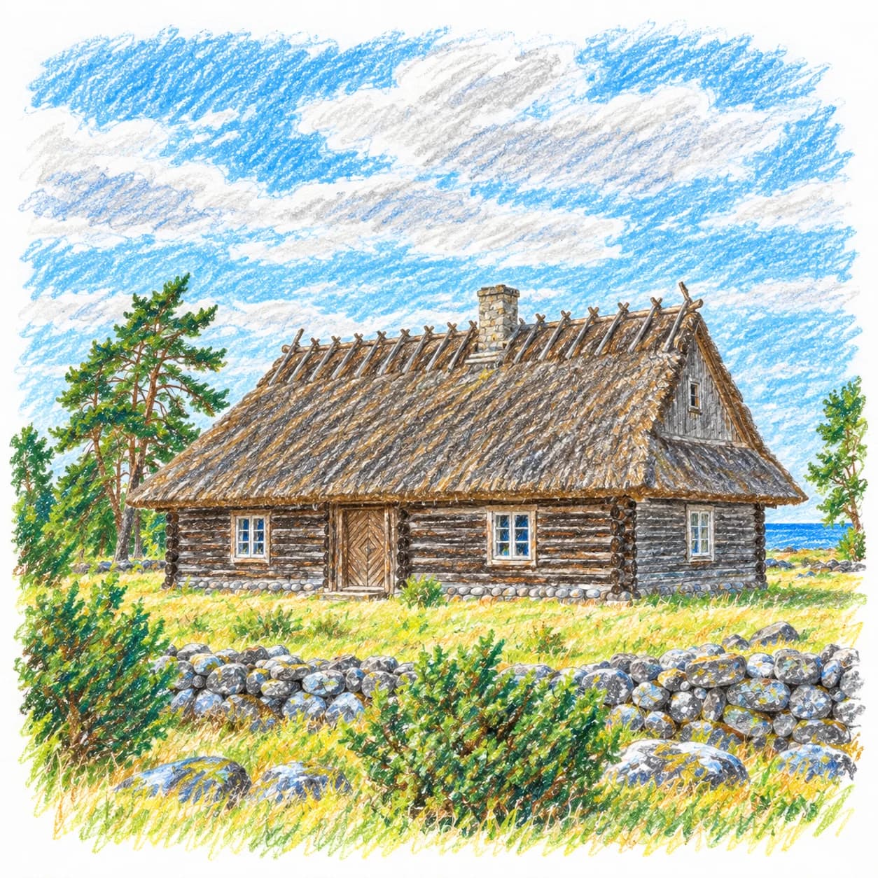 Modèle colorié: Coloriage de l'Estonie : ferme au toit de chaume