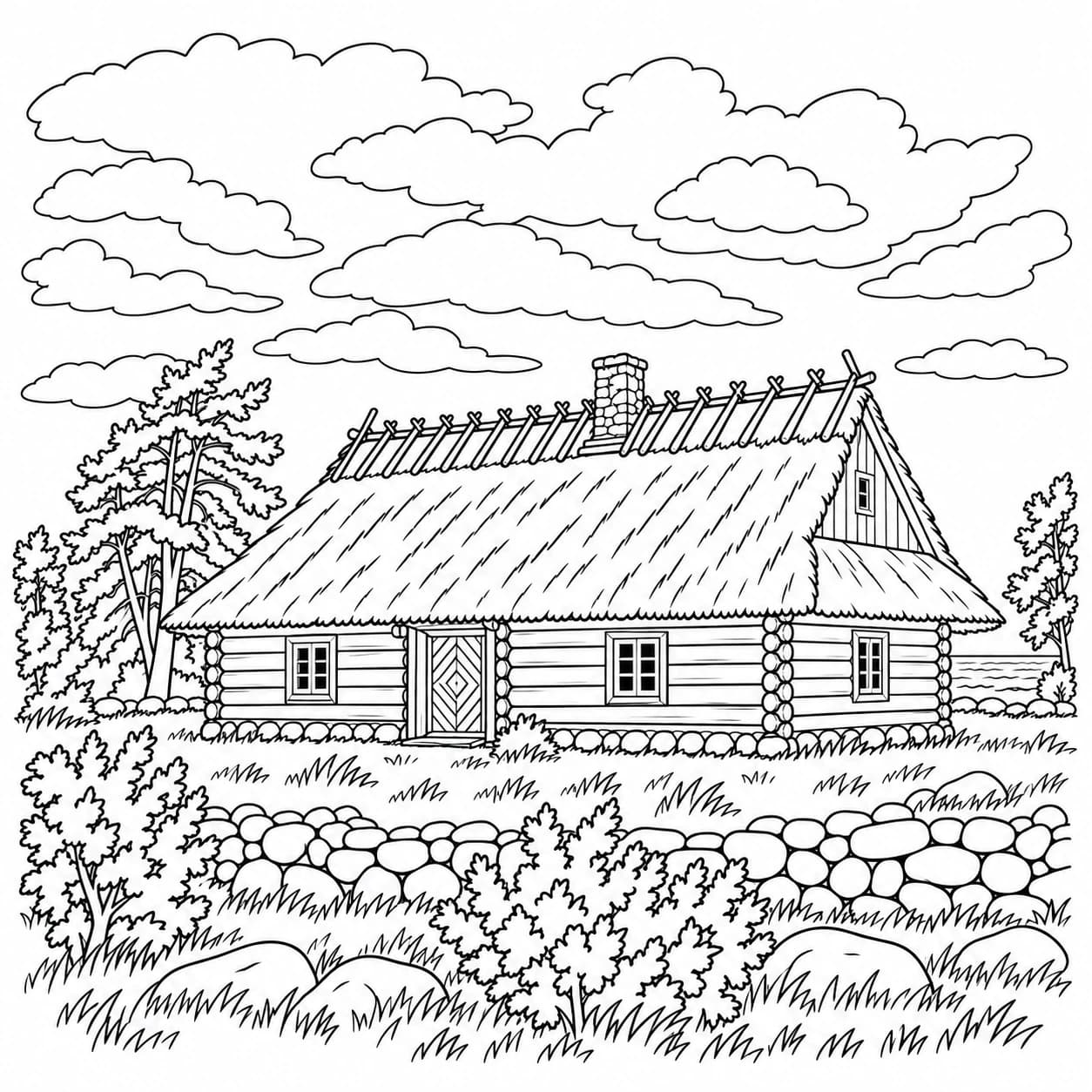 Coloring: Estonia coloring page: thatched farmhouse by the sea