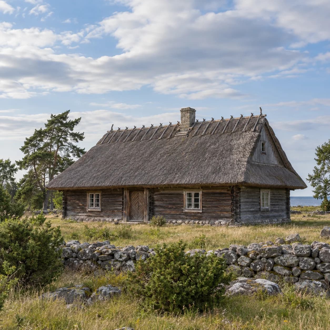 Photo réaliste: Coloriage de l'Estonie : ferme au toit de chaume
