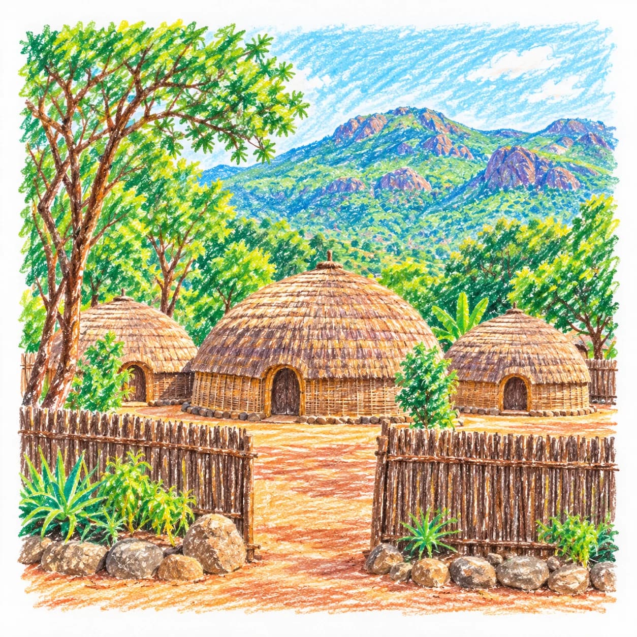 Modèle colorié: Coloriage de l'Eswatini : huttes en dôme et collines