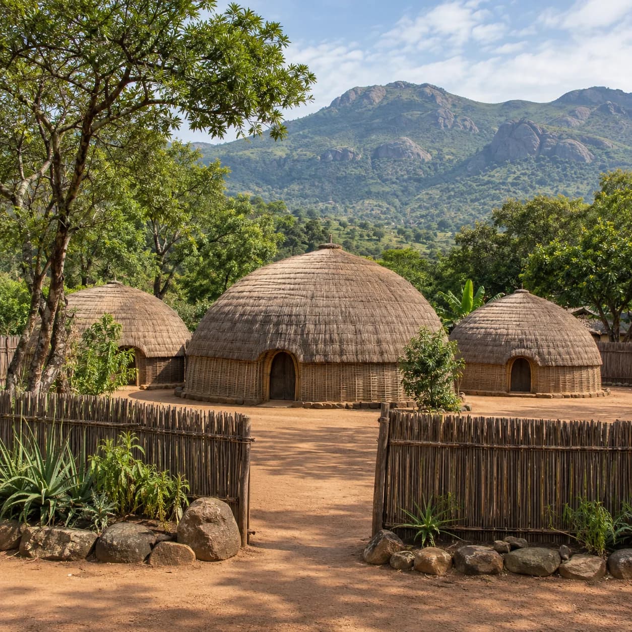Photo réaliste: Coloriage de l'Eswatini : huttes en dôme et collines