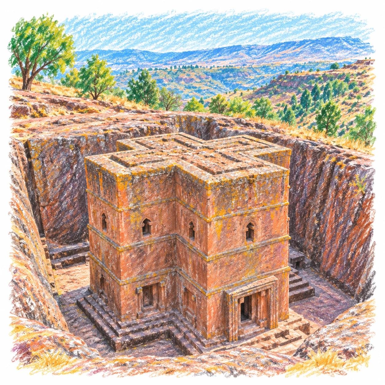 Modèle colorié: Coloriage de l'Éthiopie : église de Lalibela