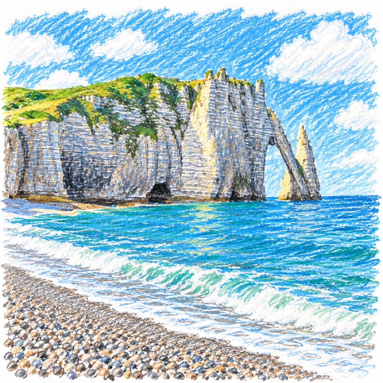 Colored model: Étretat cliffs coloring page