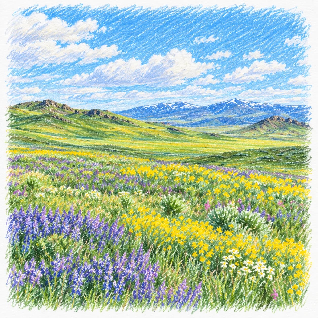 Modèle colorié: Coloriage de la steppe eurasienne : fleurs de saison