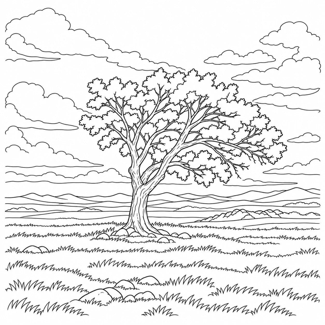 Coloriage: Coloriage de la steppe eurasienne : arbre solitaire