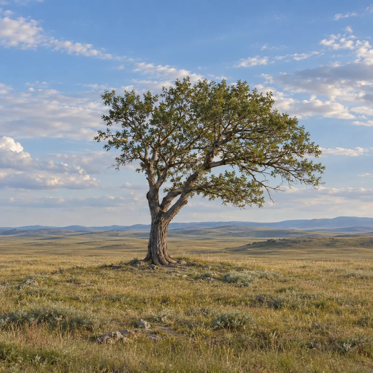 Photo réaliste: Coloriage de la steppe eurasienne : arbre solitaire