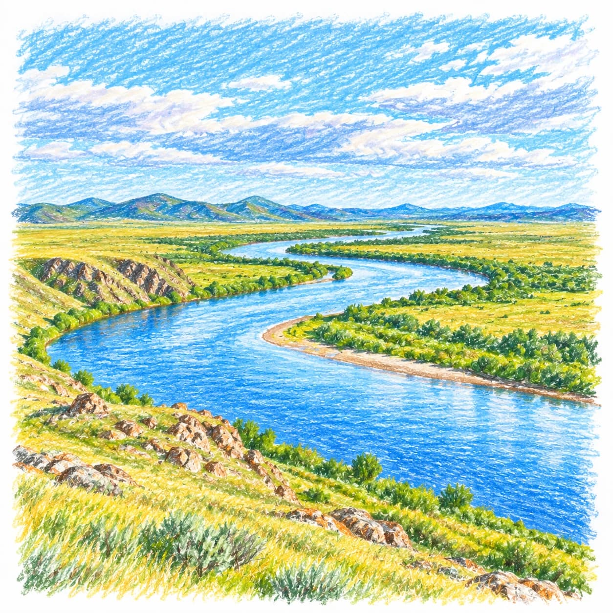 Modèle colorié: Coloriage de la steppe eurasienne : rivière sinueuse