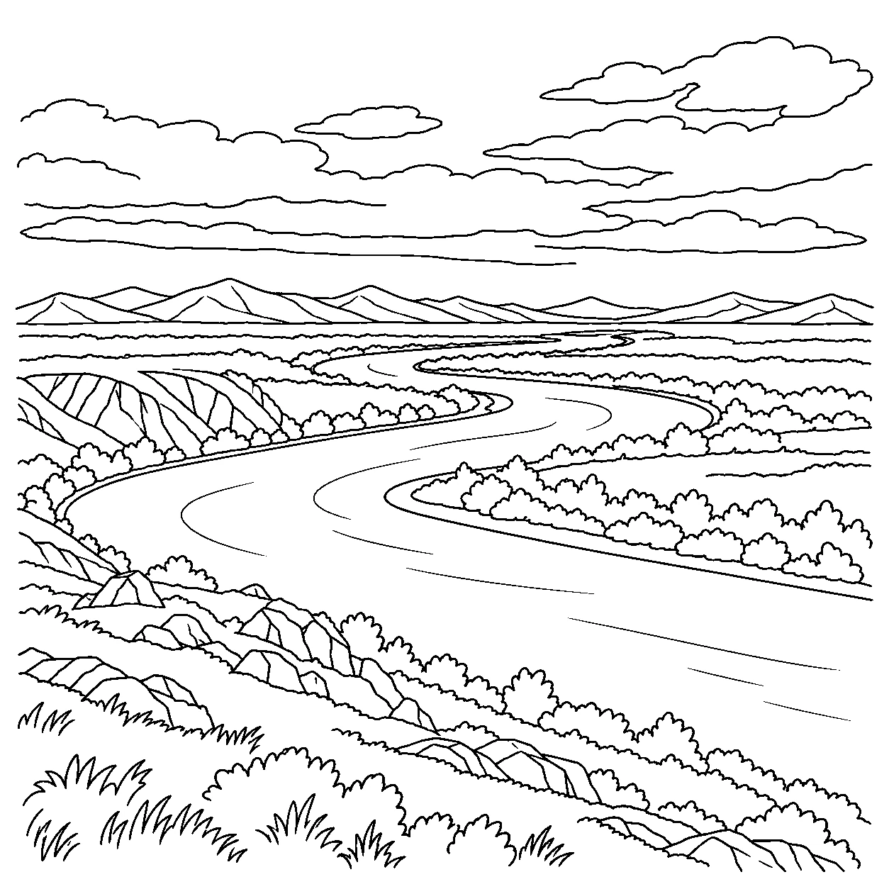 Coloriage: Coloriage de la steppe eurasienne : rivière sinueuse