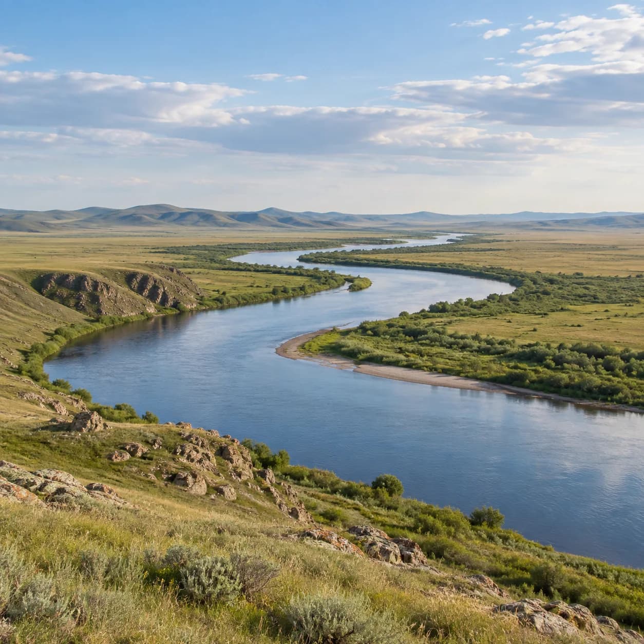 Photo réaliste: Coloriage de la steppe eurasienne : rivière sinueuse