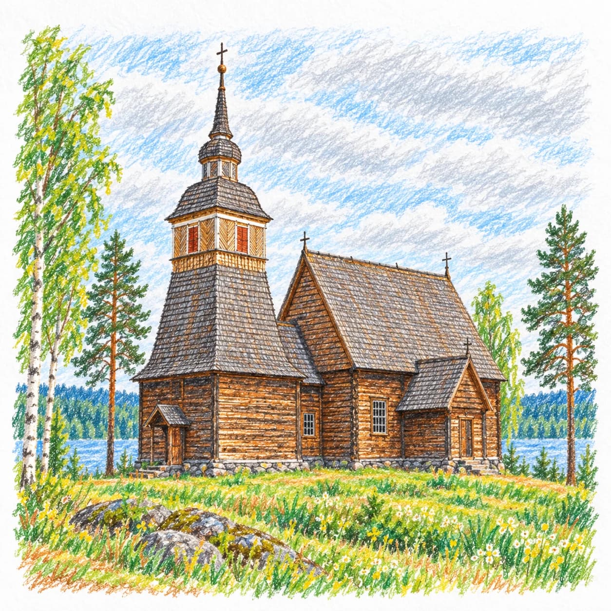 Colored model: Finland coloring page: wooden church by a lake
