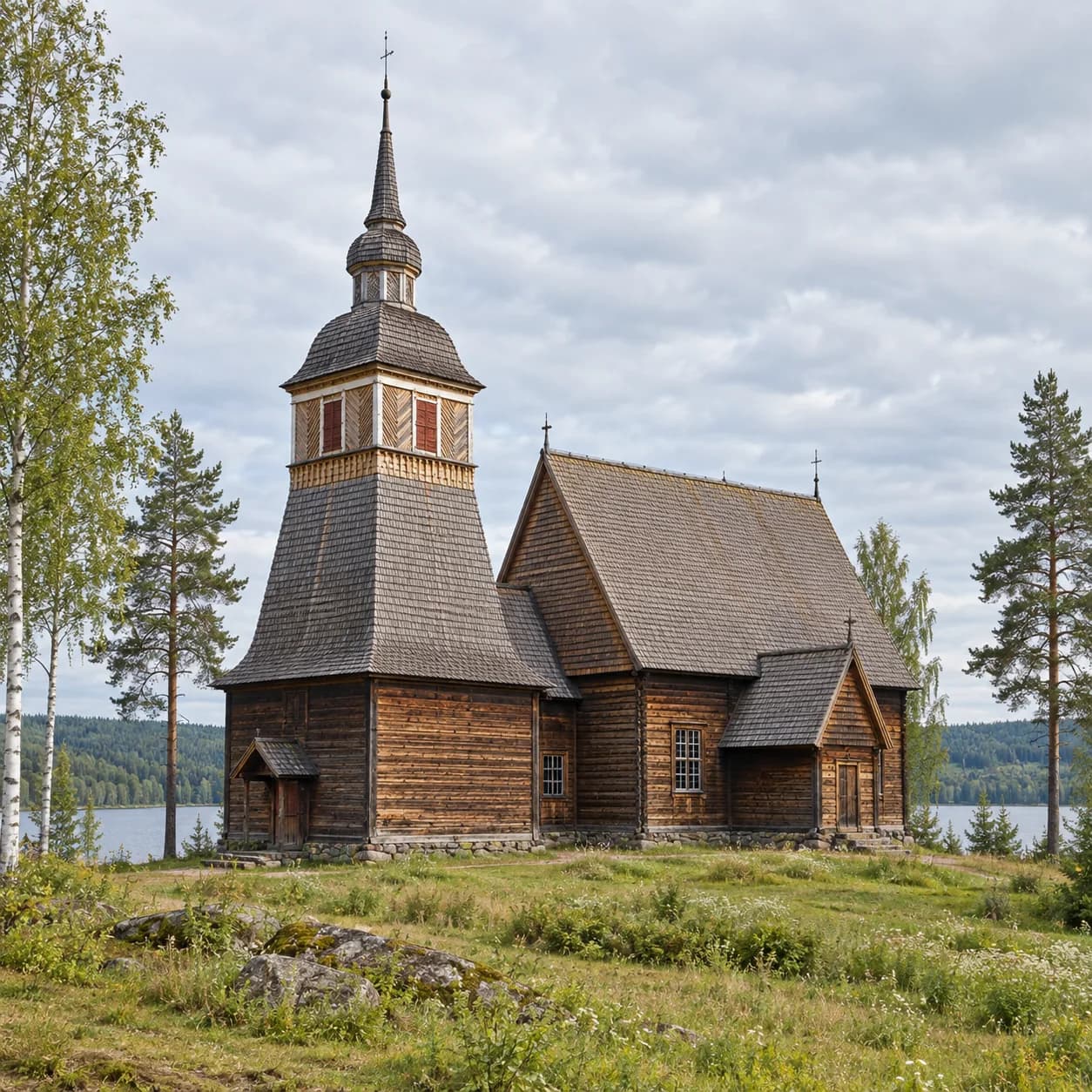 Photo réaliste: Coloriage de la Finlande : église en bois près d'un lac