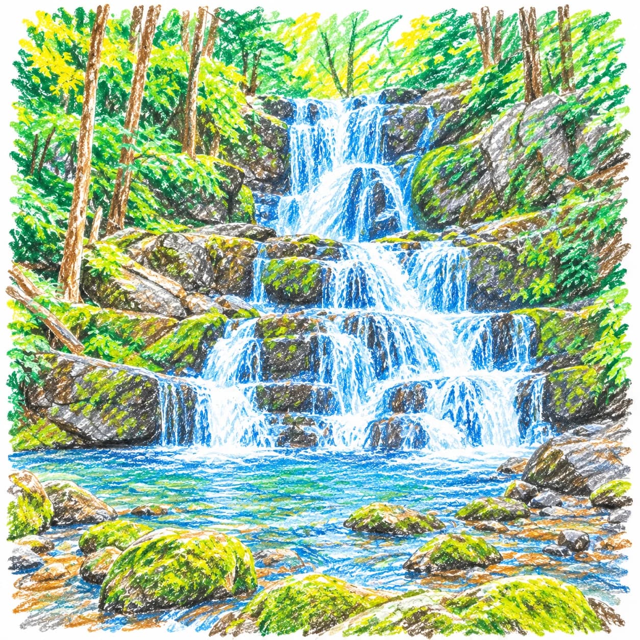 Colored model: Forest waterfall coloring page