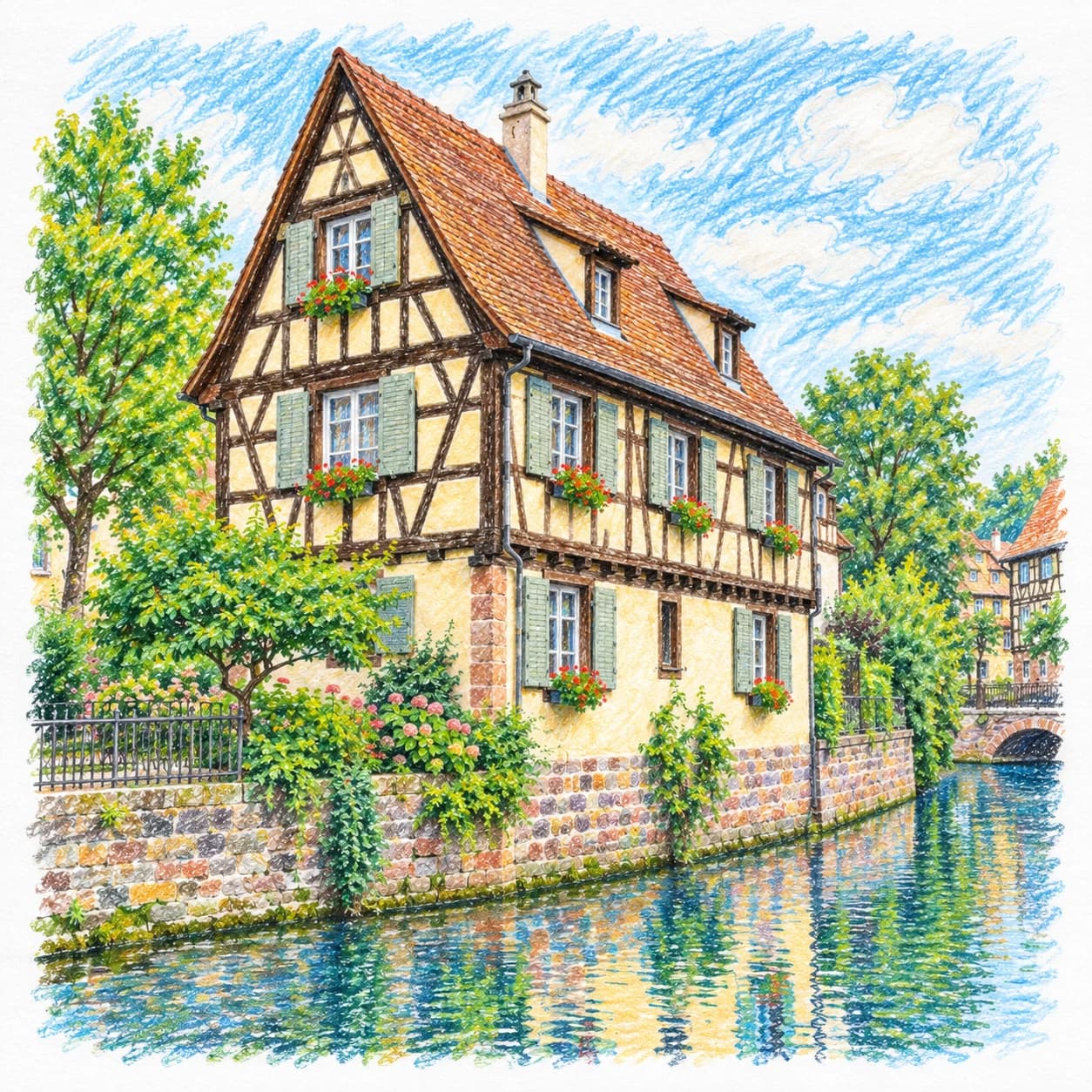Modèle colorié: Coloriage de la France : maison à colombages sur un canal