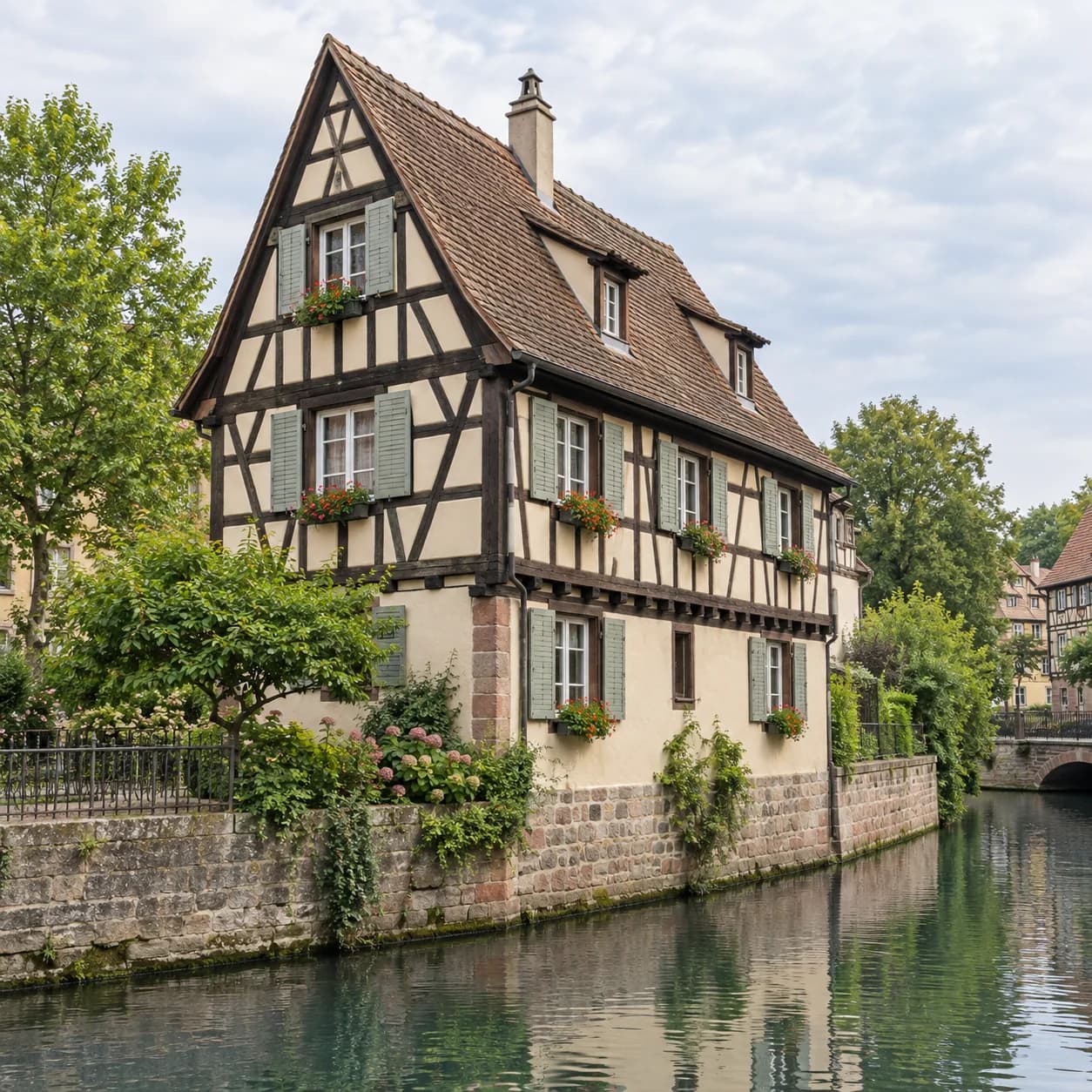 Realistic source: France coloring page: half-timbered house by a canal