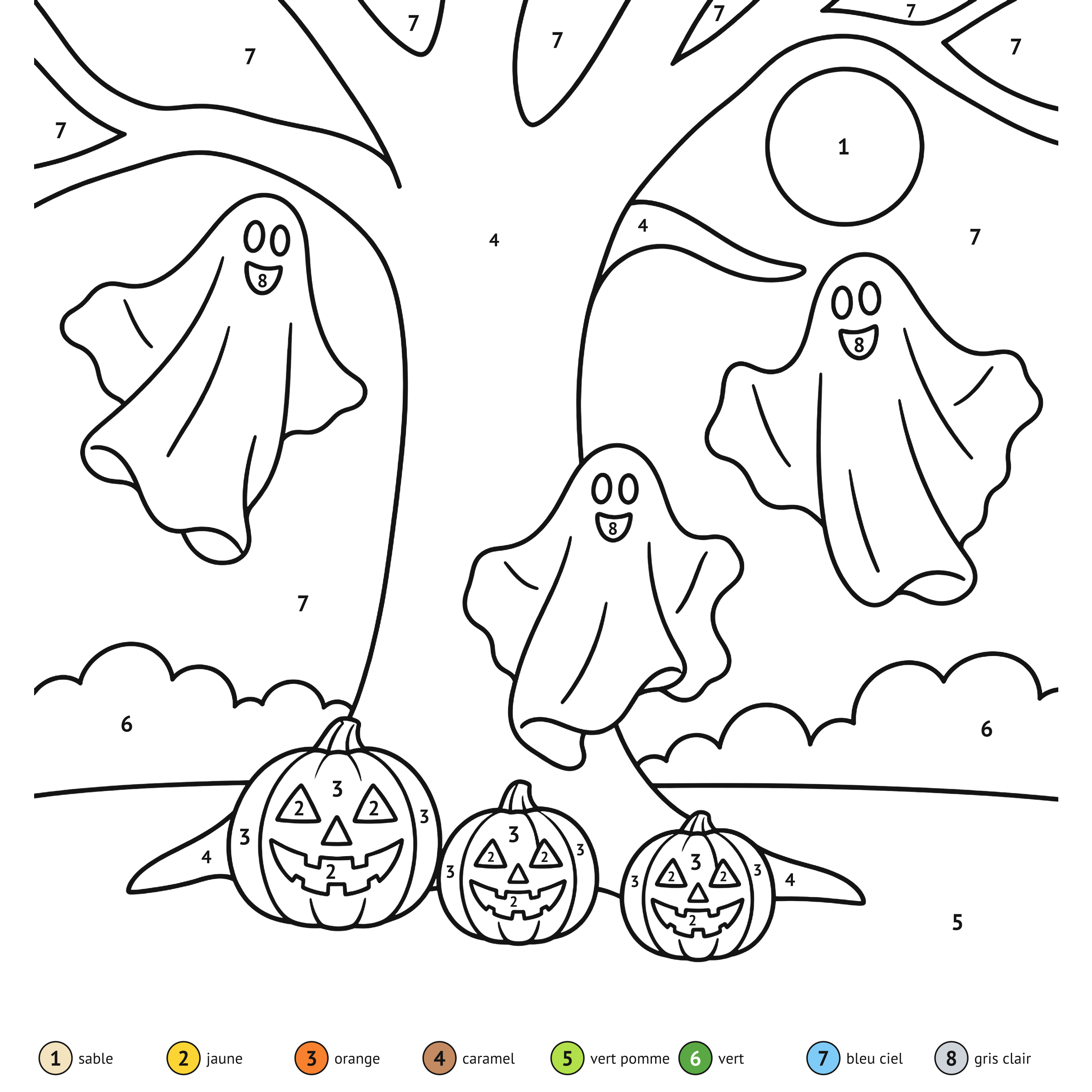 Au numéro: Gentils fantômes : coloriage au numéro à imprimer