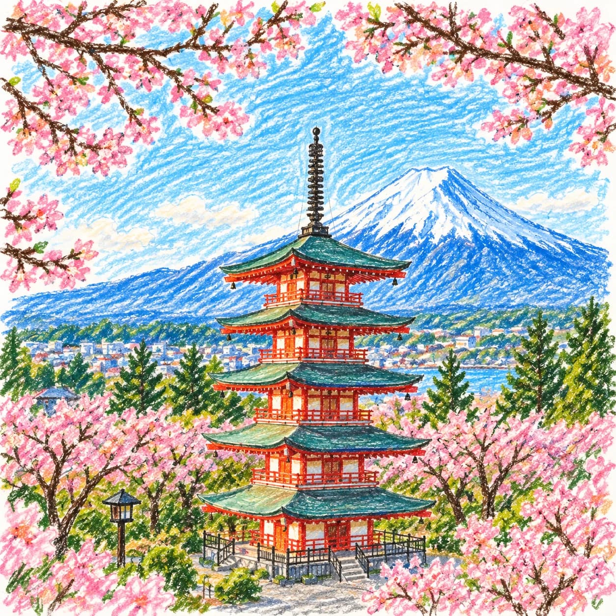Modèle colorié: Coloriage du mont Fuji et d'une pagode