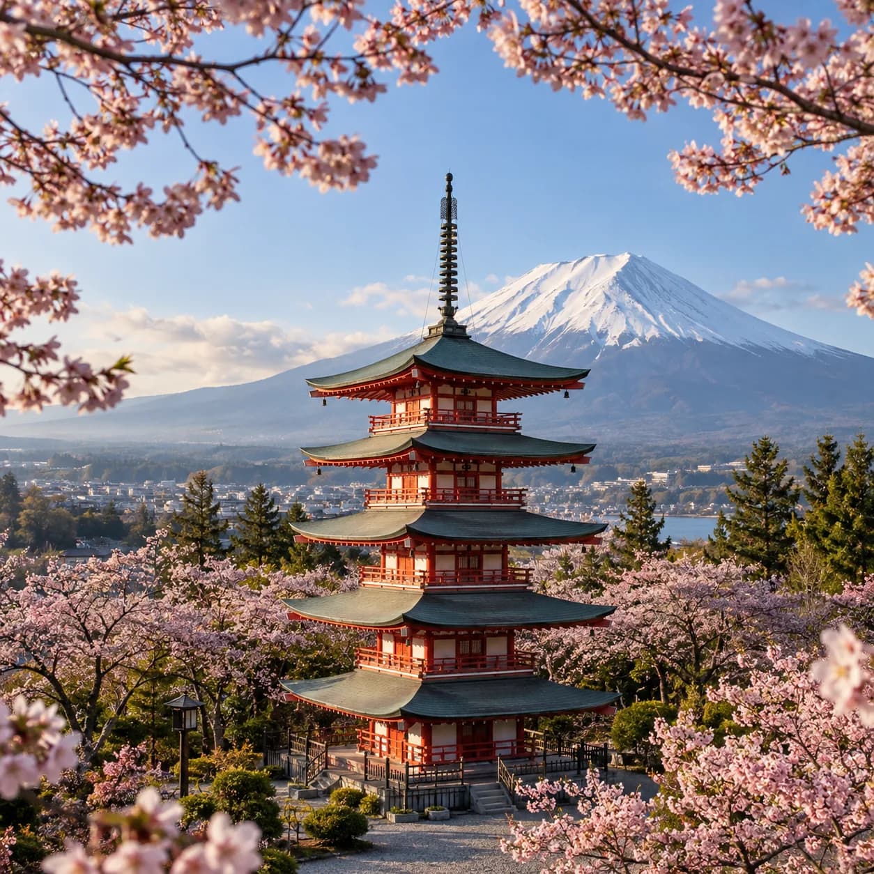 Realistic source: Mount Fuji and pagoda coloring page