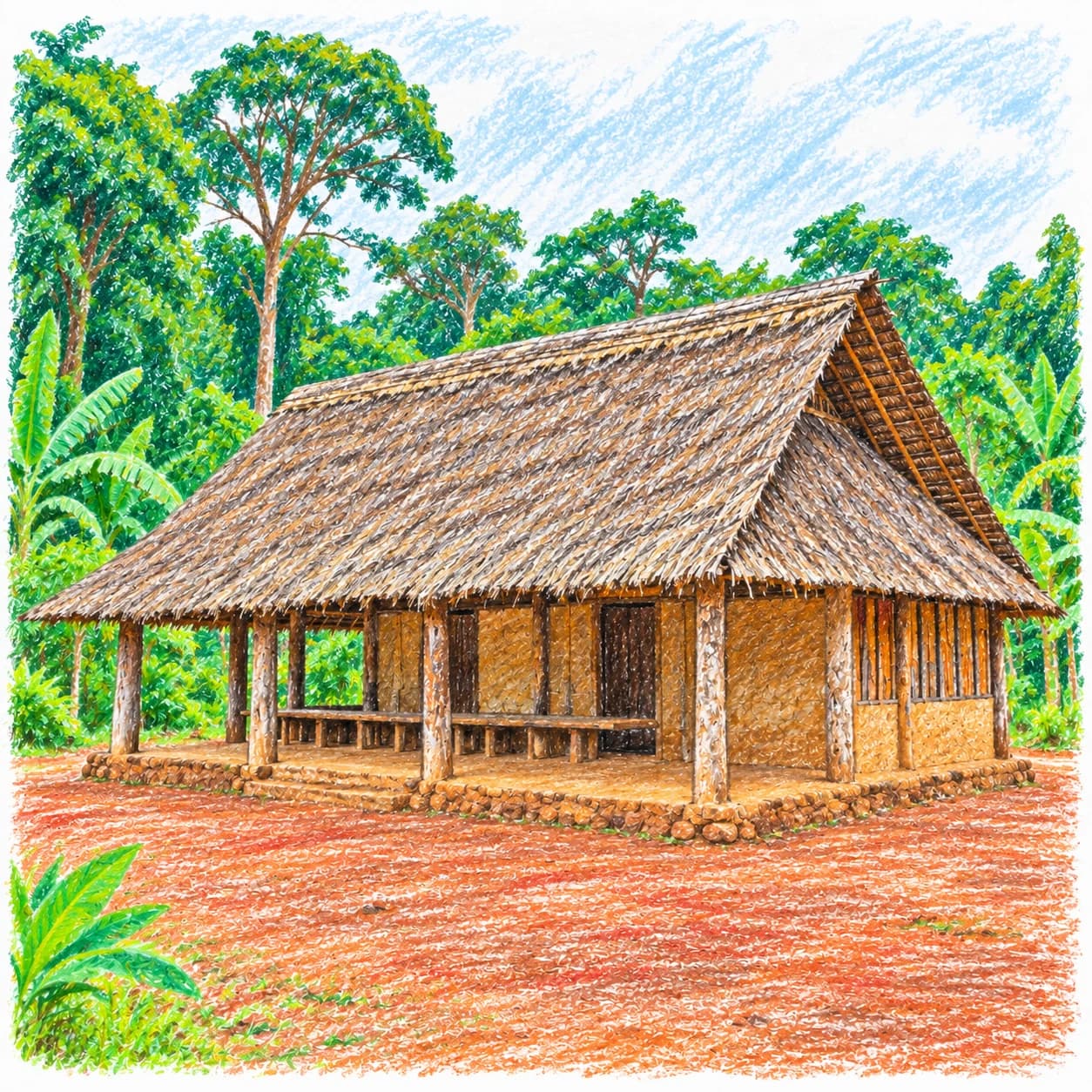 Modèle colorié: Coloriage du Gabon : case ouverte en forêt tropicale