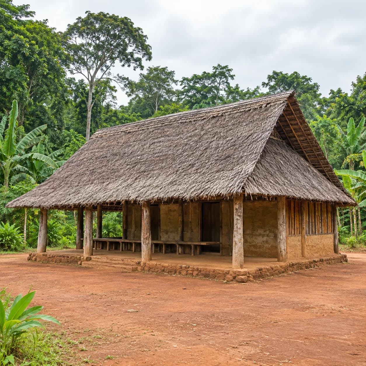 Photo réaliste: Coloriage du Gabon : case ouverte en forêt tropicale