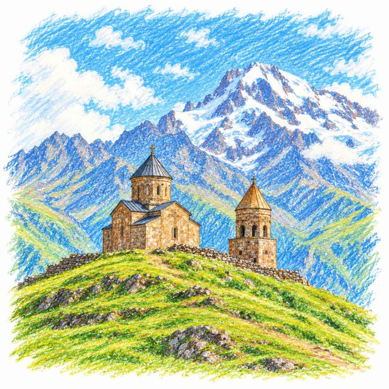 Colored model: Georgia coloring page: hilltop church and snowy peak