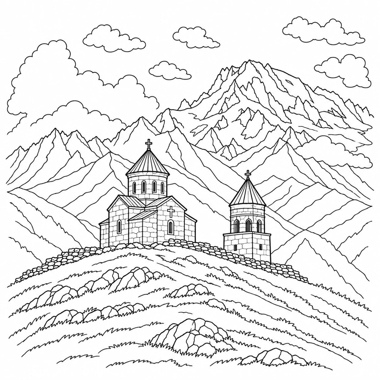 Coloriage: Coloriage de la Géorgie : église perchée et sommet enneigé